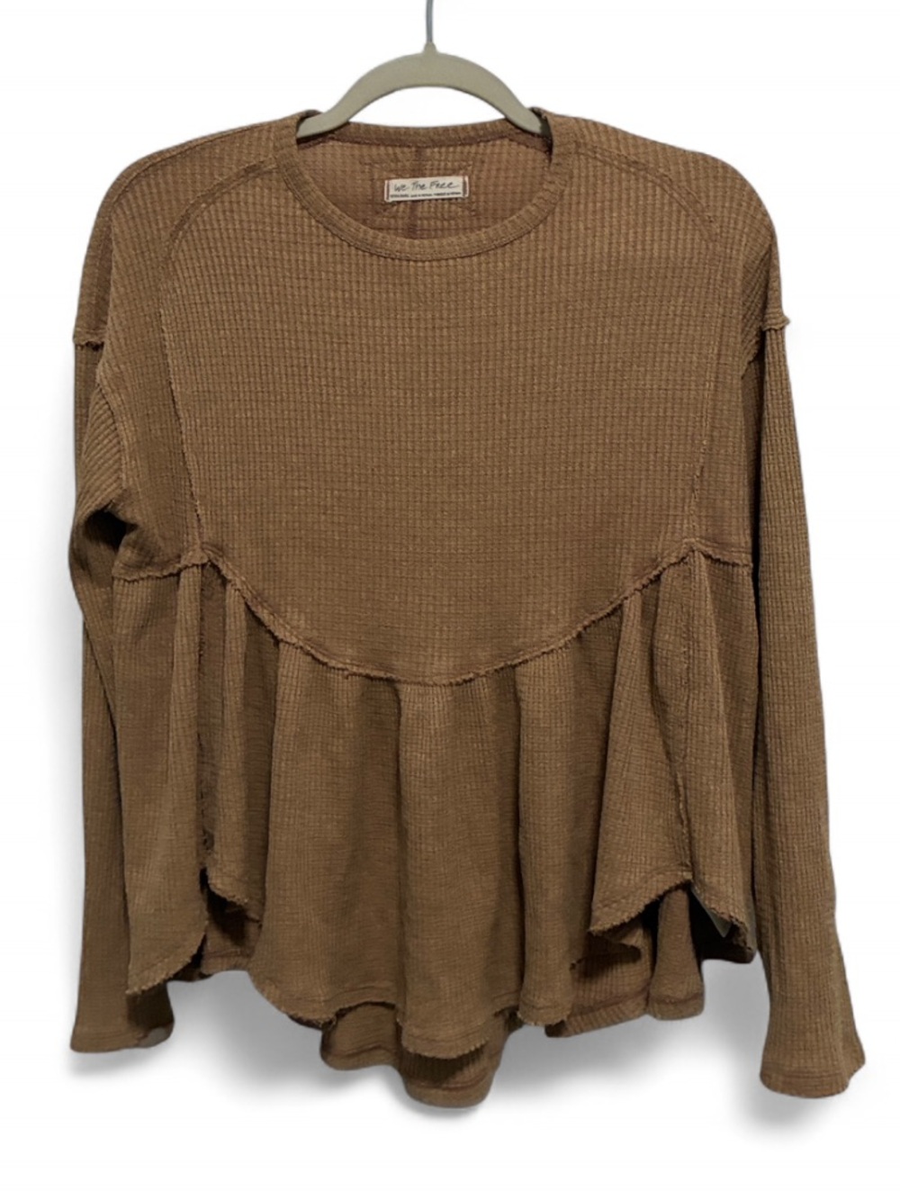 We the Free Oh My Babydoll Relaxed Ruffle Hem Long-Sleeve Top - Tan